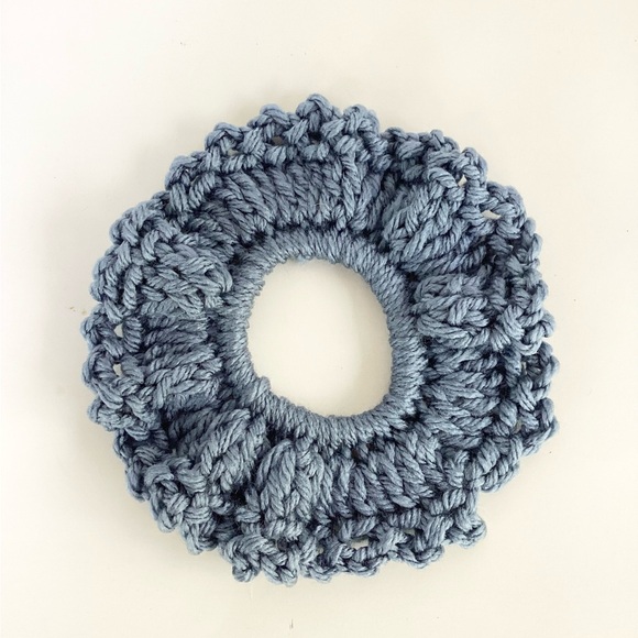 Hair Scrunchies Hand Crafted Crochet Boho Blue Rose Messy Bun - Picture 4 of 10